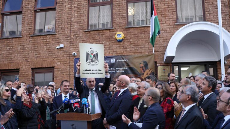 Palestine’s ambassador to the UK raises Palestinian flag at London embassy | Israel-Palestine conflict