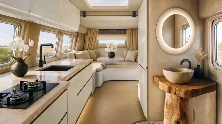 Luxury camper van offers apartment-style living with full kitchen and bathroom