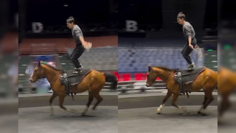 The man jumped onto the horse, then started jumping over the rope, you will not believe your eyes after seeing the feat!