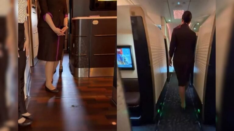 Is it a flight or a 5 star hotel? Girl entered the business class of the plane, everything was present from the bed to the bathroom!