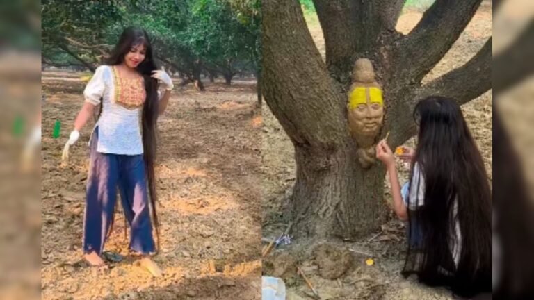 Long haired girl did wonders, created the form of Premanand Ji Maharaj from clay on a tree!