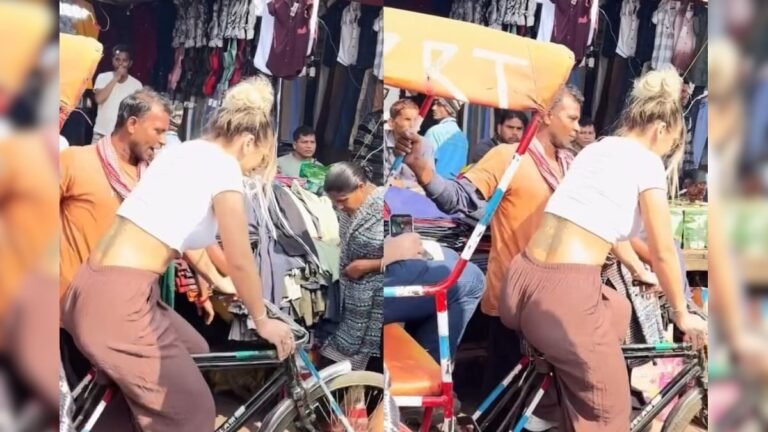 ‘Full tax collected!’ Foreign girl seen driving a rickshaw in the market, rickshaw puller seen walking on foot!