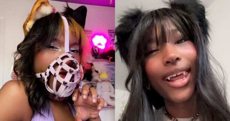 Girl identifies as pomeranian dog performing tricks for treats: This beautiful girl considers herself a dog, does strange activities with a leash around her neck and ears on her head!