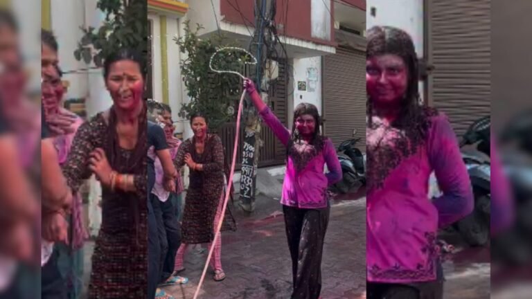 A girl with a water pipe in her hand celebrated Holi vigorously in the middle of the road, her waist was painted with colours, the boys kept watching!