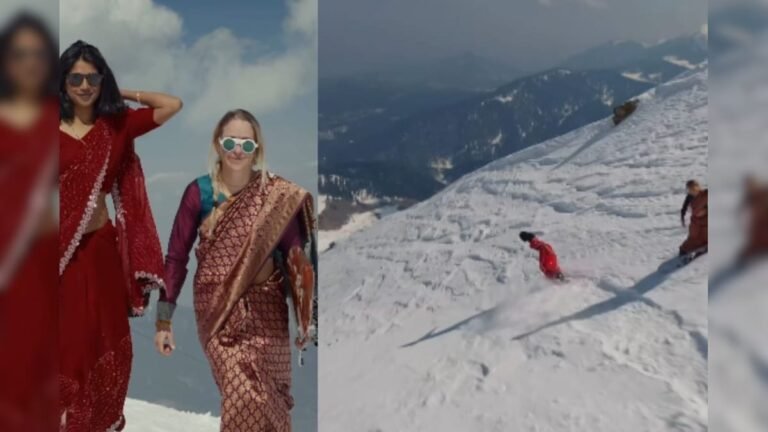 Winter sports in desi style, two women were seen snowboarding in the snow of Gulmarg wearing saree.