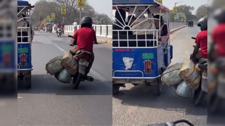 The bike was loaded with luggage on one side, the car was driven while falling, people were shocked to see the man’s style!