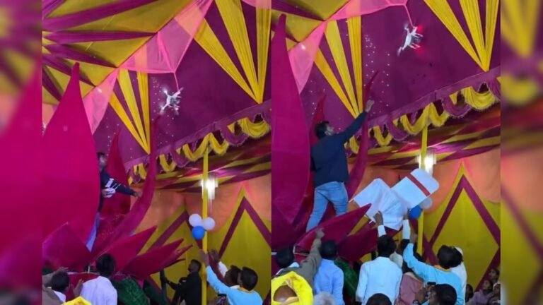 Shooting was being done with a drone at a wedding, suddenly it got stuck in the curtain, guests were shocked to see the scene!