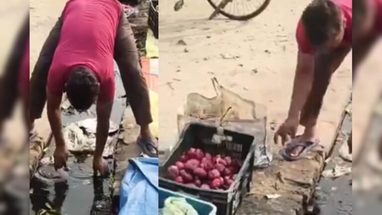 Shopkeeper seen washing onions in drain water before selling, people expressed great concern over cleanliness!