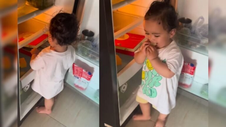 The girl quietly reached in front of the fridge and took out cashew nuts, mother showed a cute reaction when she caught it!