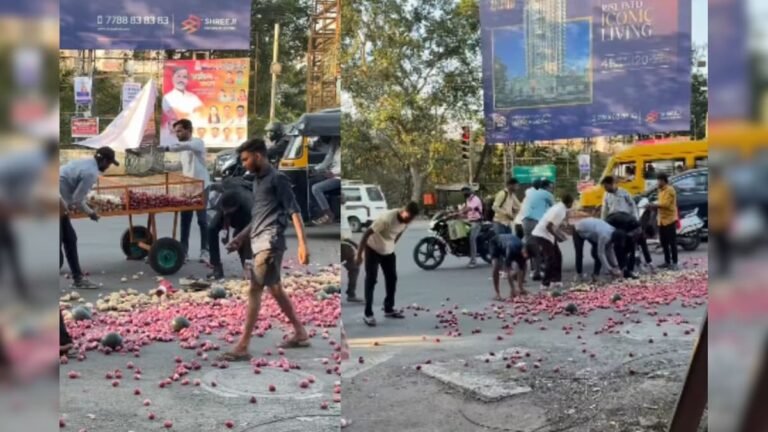 Vegetables scattered on the road after the cart overturned, passersby stopped their vehicles and helped the vegetable seller.