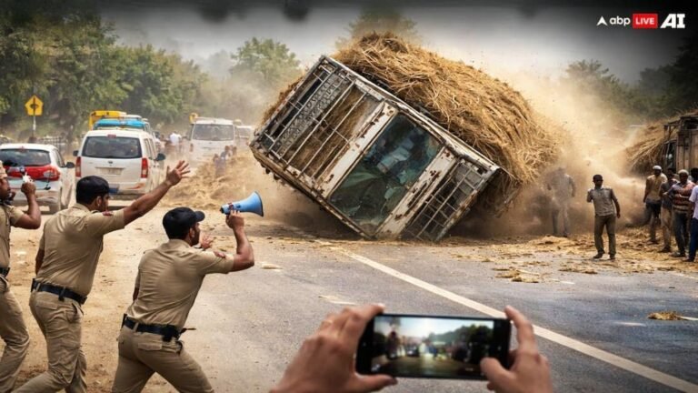 MP News: ‘Don’t move ahead, the truck is unbalanced’, truck full of straw kept running diagonally in Rajgarh, police kept screaming and then…