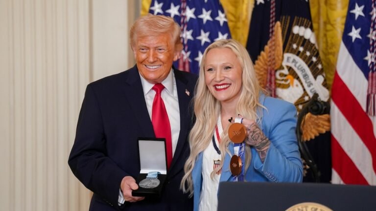 Kaillie Humphries awards Order of Ikkos medal to Trump at White House