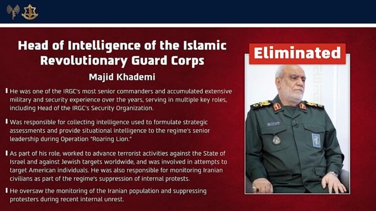 Majid Khademi, IRGC intelligence chief, killed in Israeli precision strike