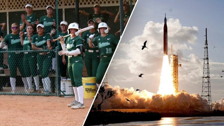 College softball players pause game to watch moon rocket launch