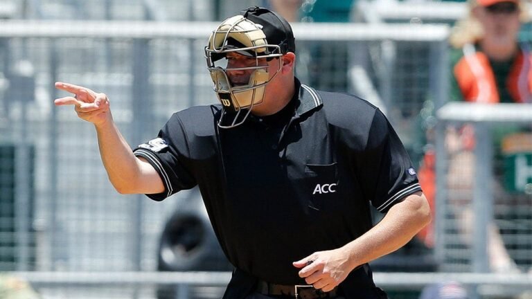 College baseball game delayed after umpire takes a scary foul ball straight to the mask